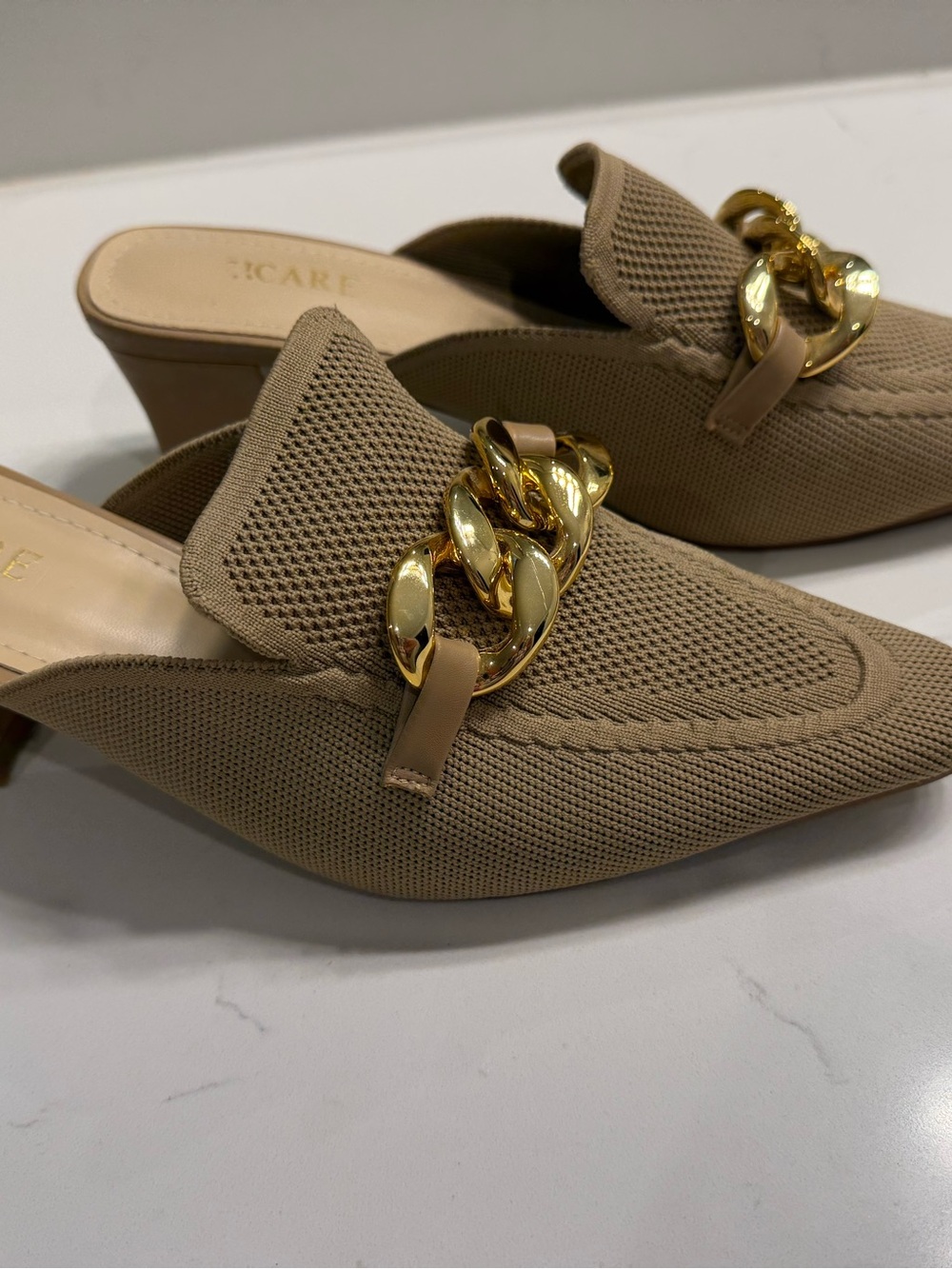 Chain-Detail Taupe Knit Slip-On Mules